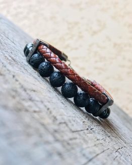 Bracelet masculin avec pierres de lava, onyx, cuir marron tressé,