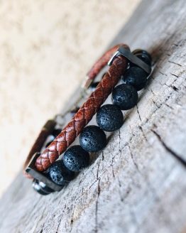 Bracelet Onyx Bracelet homme, pierres de lava, onyx noires brillantes, inox noir