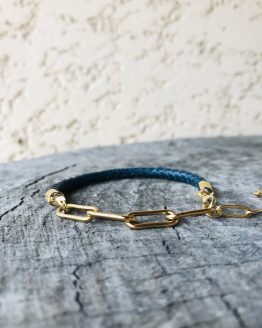 Bracelet homme avec cuir bleu pétrole et acier plaqué or