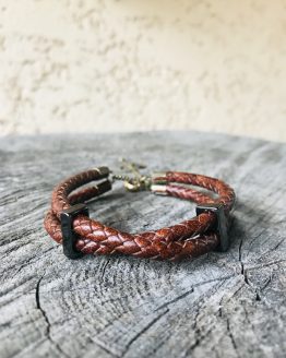 Bracelet homme avec deux cordons en cuir tressé marron