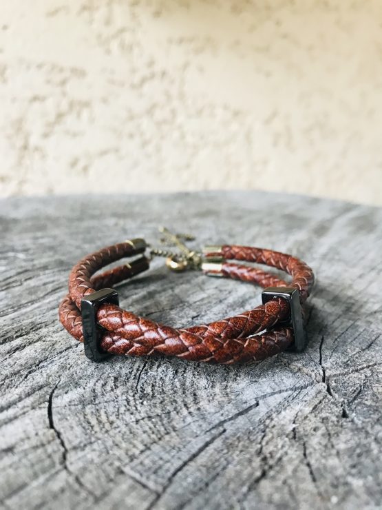 Bracelet homme avec deux cordons en cuir tressé marron