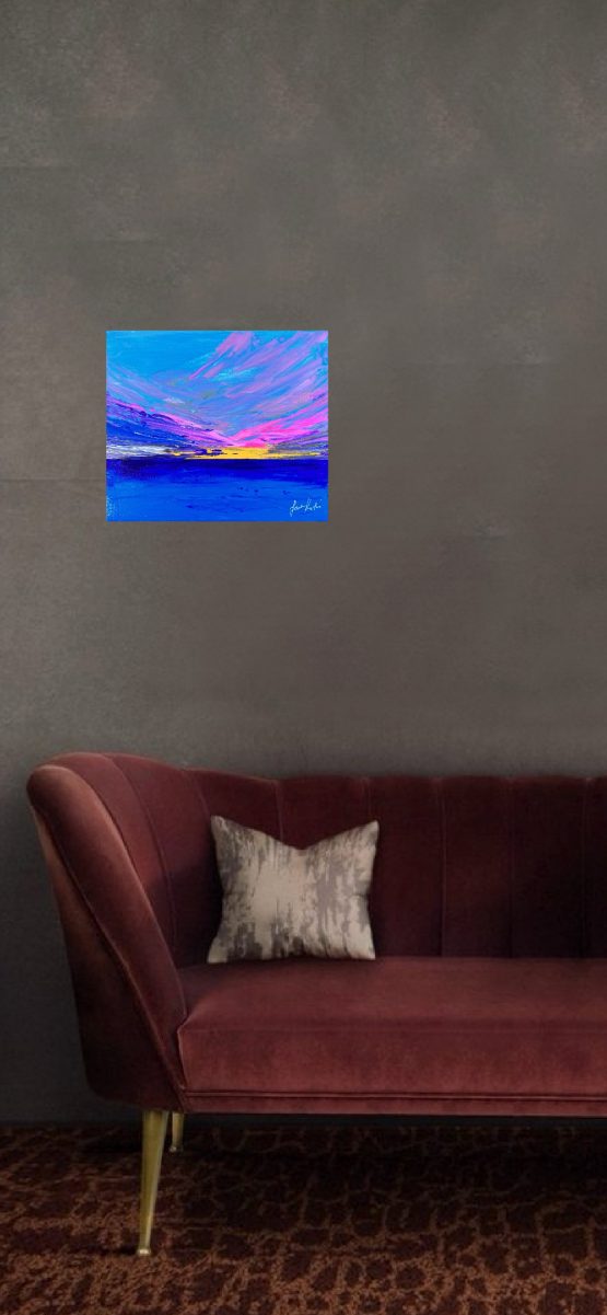 Peinture originale et unique "Bonjour Aujourd’hui" - Original Unique Painting "Hello Today" - Oeuvre d'art coloré et flashie - Colored Art - Peinture le coucher du soleil de sud de la France-Painting of french sunset FR : Peinture artistique avec le coucher du soleil sur la mer méditerranéenne. Près de Marseille, les vues y sont prélassant et pleins d'incroyables traits. L'arrivé d'hiver nous apporte les nuages colorées par les reflets rosâtres de soleil... Nom de la toile : Bonjour Aujourd’hui Taille : 30 x 25 cm Technique : Couteau Matière : Acrylique Cette petite toile a un binôme, qui s'appelle "Aurevoir demain". Vous pouvez réaliser un lot de 2 toiles qui sont très agréable à regarder et donne une profondeur à l'endroit où elles se trouvent. Je travaille également à la commande. Si une de mes toiles vous plaisent, je peux réaliser une toile de votre choix, après avoir convenu sa taille, le prix et le paiement de votre commande. Artistiquement, Jana KUZMI EN : Artistic painting with sunset over the Mediterranean sea. Near Marseille, the views are relaxing and full of incredible features. The arrival of winter brings us clouds colored by the pinkish reflections of the sun... Name of the painting: Hello Today Size: 30 x 25 cm Technique: Knife Material: Acrylic This little canvas has a pair, which is called "Goodbye tomorrow". You can make a set of 2 canvases which are very pleasant to look at and give depth to the place where they are located. I also work to order. If you like one of my paintings, I can create a canvas of your choice, after having agreed on its size, price and payment for your order. Artistically, Jana KUZMI