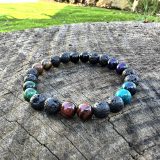 Bracelet Akira avec 7 différents pierres semi-précieuses : oeil de tigre, oeil de boeuf, oeil de tigre violet et oeil de tigre vert, oeil de faucon, pierre de lava et onyx noir brillant.