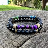 Bracelet Reefly, gemmes semi-précieux avec plusieurs couleurs de l'oeil de tigre, onyx brillant et pierre de lava noire. Réalisation, les ateliers de Boucle Bel Air, Créatrice et artiste peintre Jana KUZMI